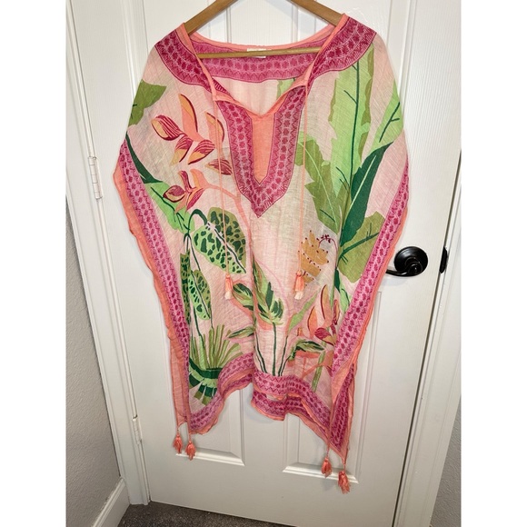 Spartina 449 Other - Spartina 449 Pink Green Palm Leaf Linen Blend Kaftan Dress OS Resort Beach Lake